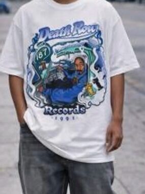 Death Row Records t-shirt. features record label's history in hip-hop culture.